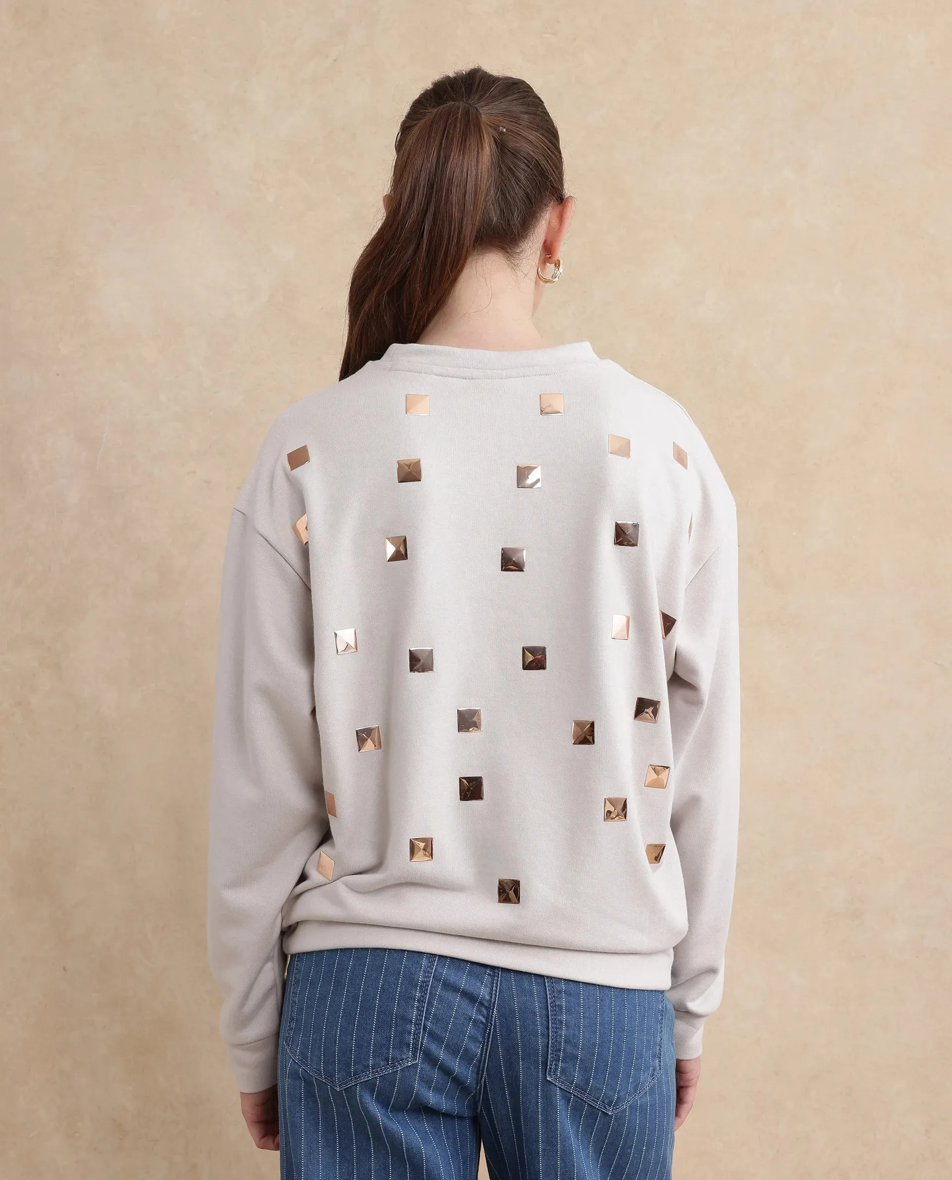Rareism Womens Aimee Light Grey Sweatshirt Cotton Full Sleeve Crew Neck Solid