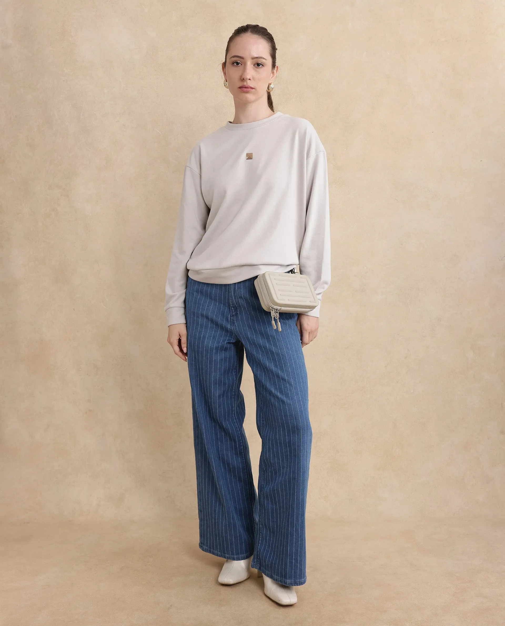 Rareism Womens Aimee Light Grey Sweatshirt Cotton Full Sleeve Crew Neck Solid
