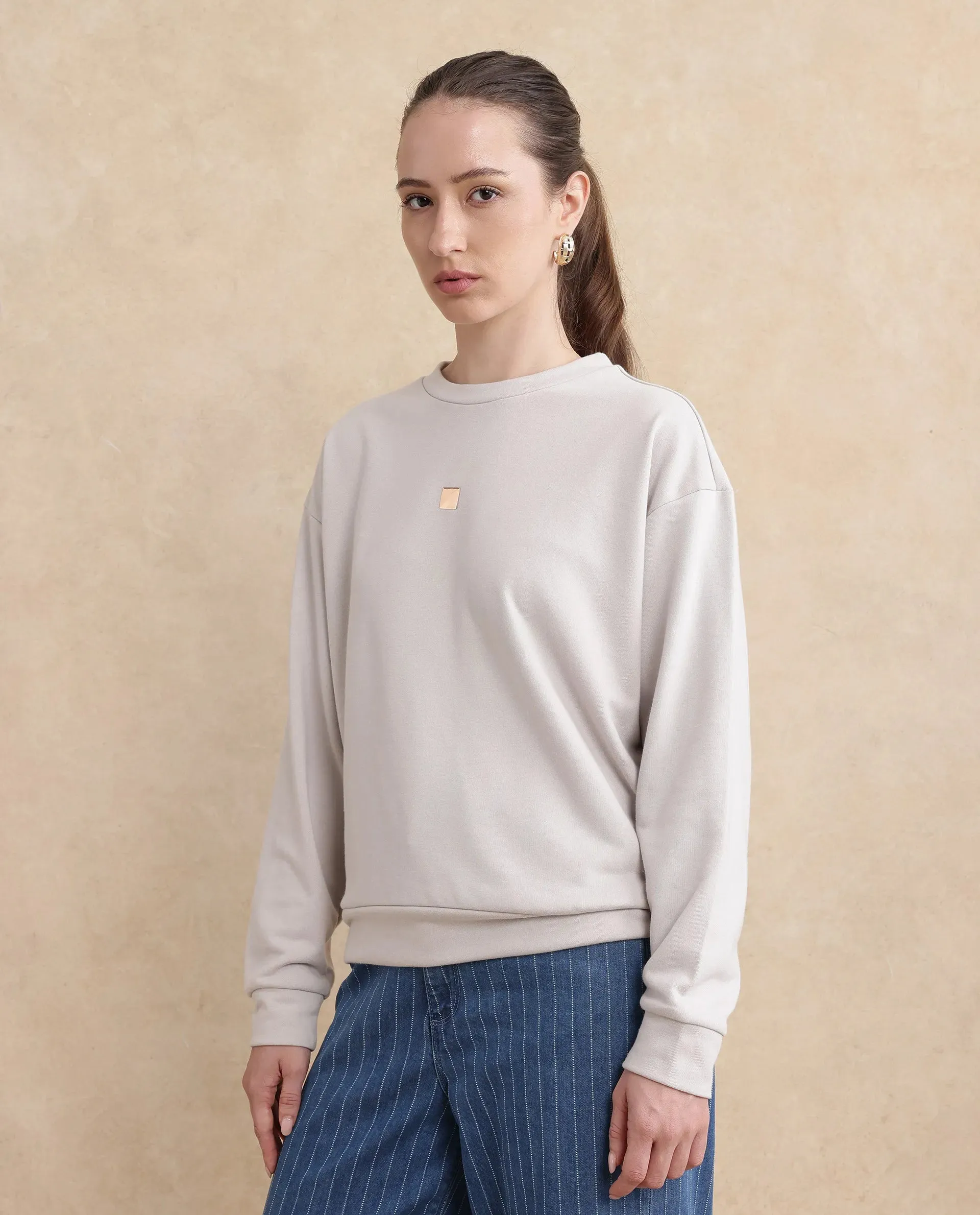 Rareism Womens Aimee Light Grey Sweatshirt Cotton Full Sleeve Crew Neck Solid