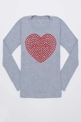 Red Heart Cute Fall Long Sleeve Gray Tee - Girls