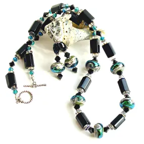 Rhodes: Black Necklace Set with Art Glass