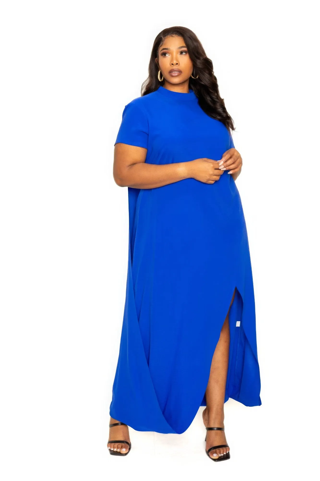 Royal Blue Mock-Neck Maxi Cape Dress