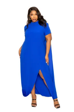 Royal Blue Mock-Neck Maxi Cape Dress