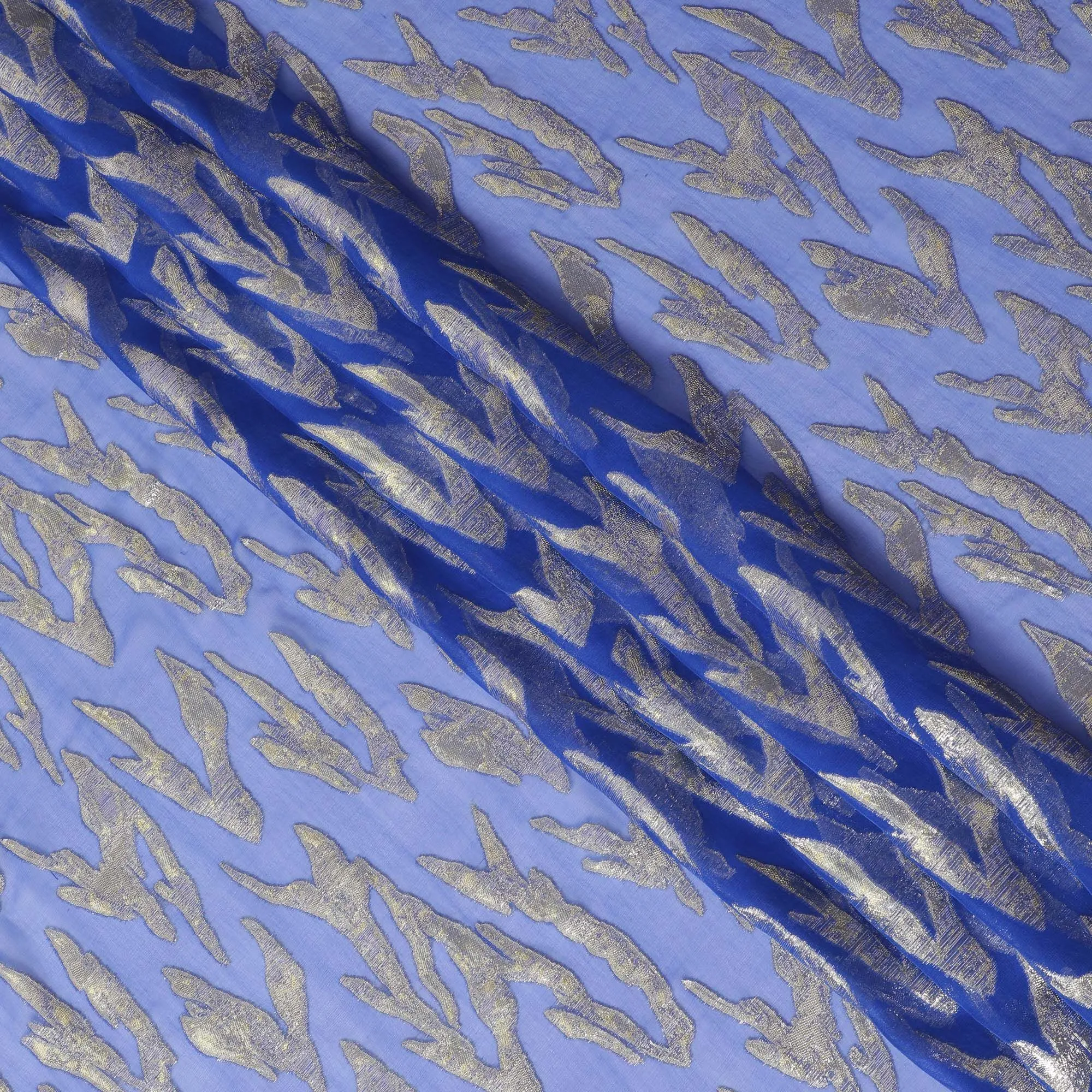 Royal blue Premium pure silk chiffon fabric with gold and silver metallic lurex in abstract design-D17214