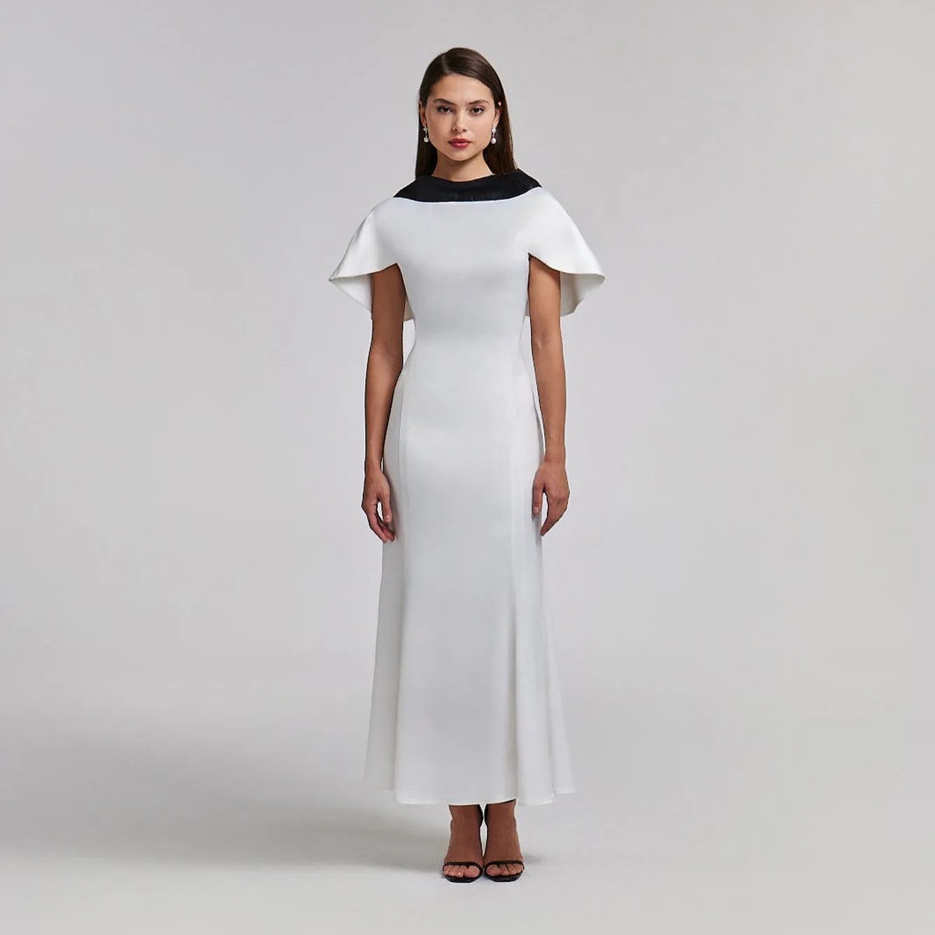 Satin Contrast Cape-Sleeve Dress with Back Tie Detail