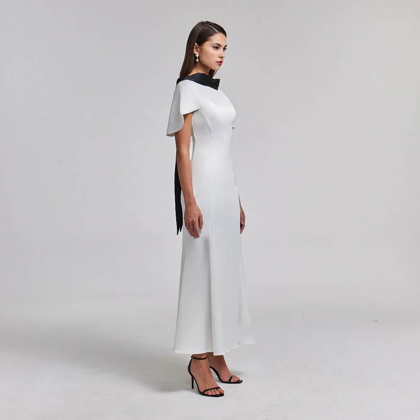 Satin Contrast Cape-Sleeve Dress with Back Tie Detail