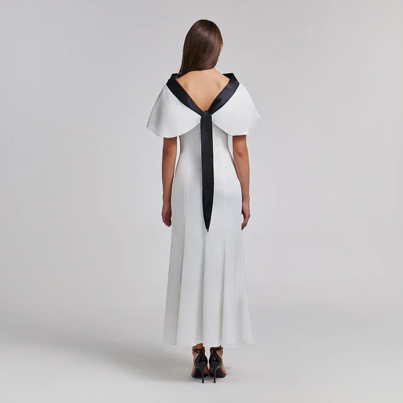Satin Contrast Cape-Sleeve Dress with Back Tie Detail