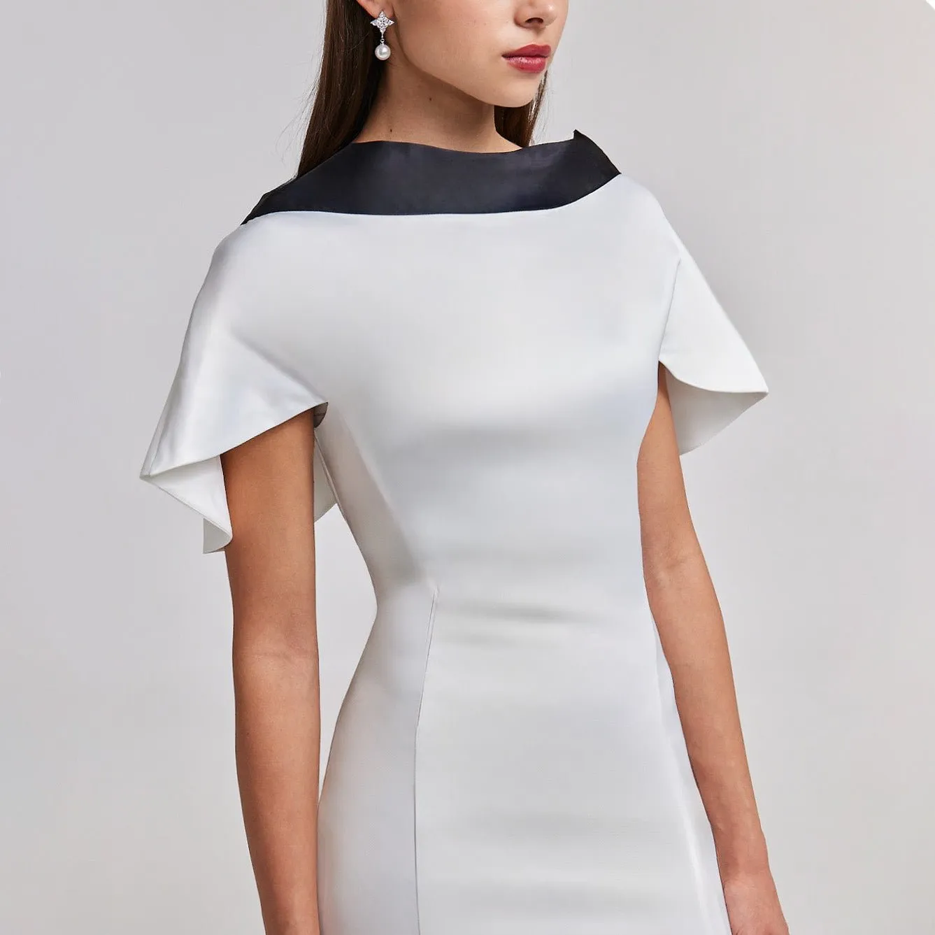 Satin Contrast Cape-Sleeve Dress with Back Tie Detail