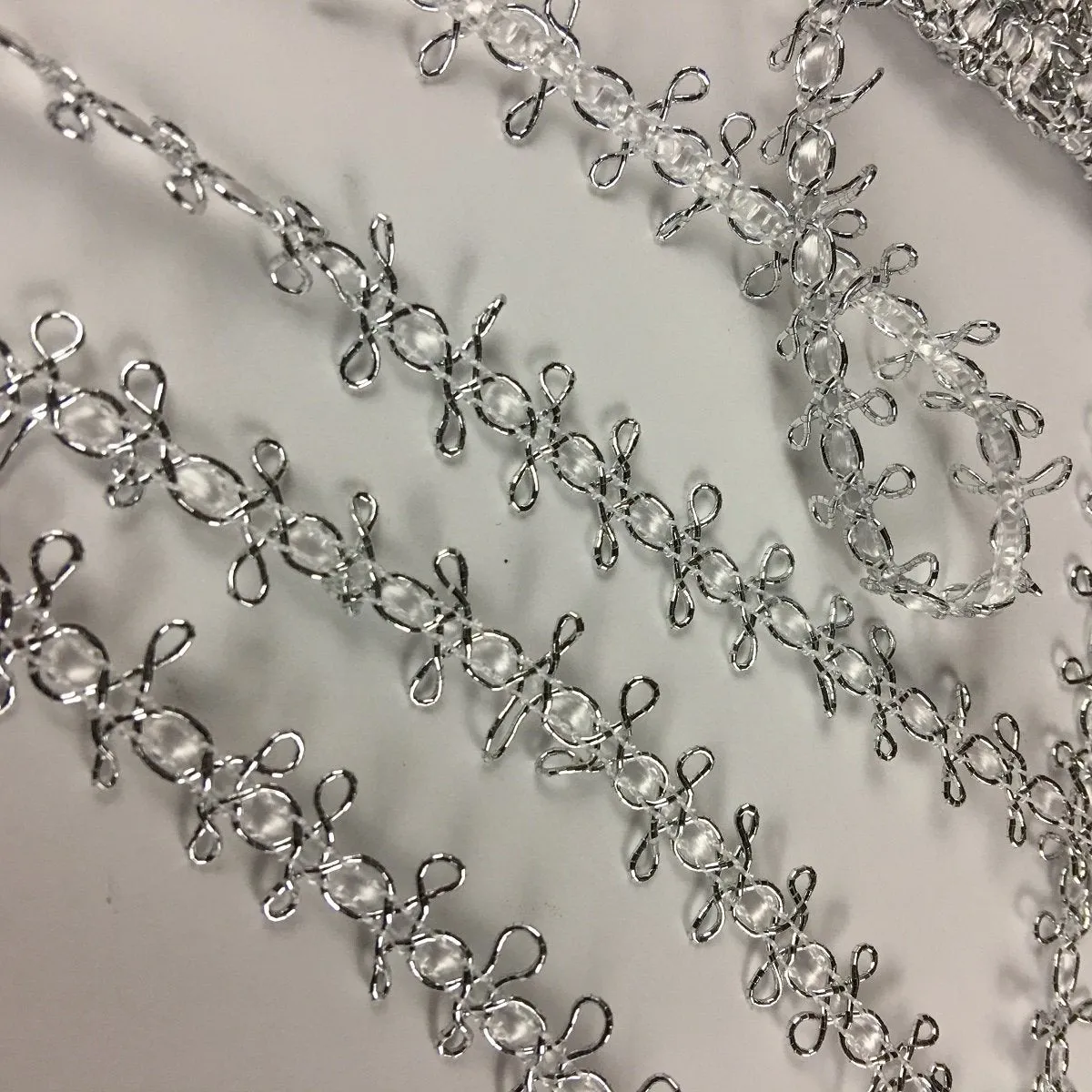 Silver Squiggles Trim Decorative, 0.5" Wide, Silver on White Center Tape, Multi-use Bridal Veil Communion Christening Baptism Dress Cape Hat