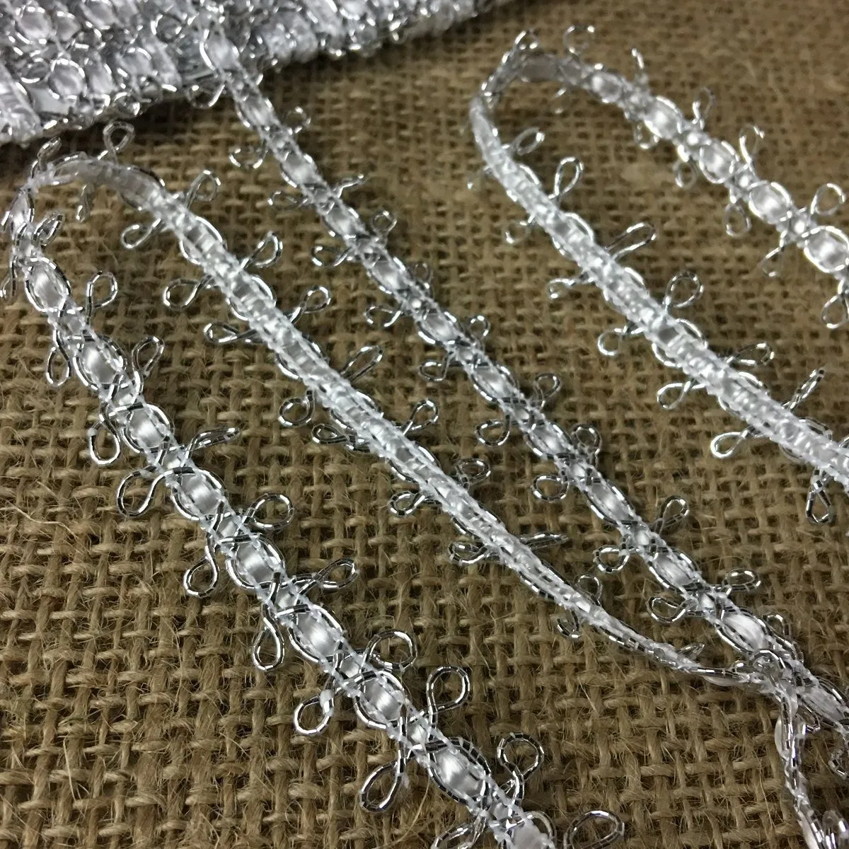 Silver Squiggles Trim Decorative, 0.5" Wide, Silver on White Center Tape, Multi-use Bridal Veil Communion Christening Baptism Dress Cape Hat