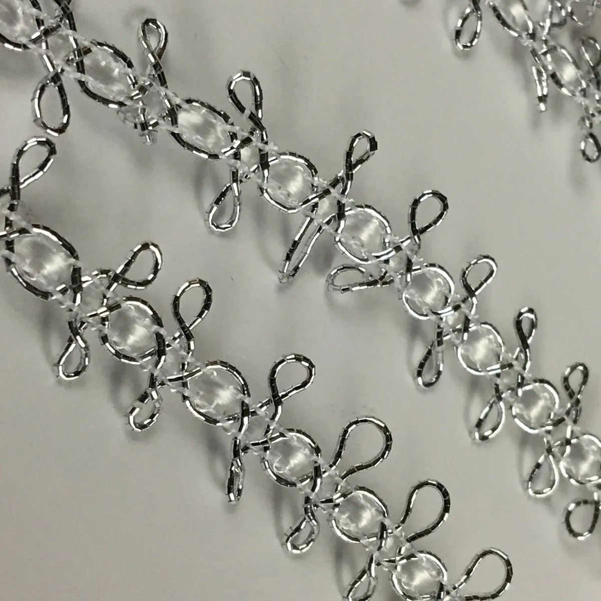 Silver Squiggles Trim Decorative, 0.5" Wide, Silver on White Center Tape, Multi-use Bridal Veil Communion Christening Baptism Dress Cape Hat