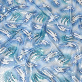 Steel blue silk chiffon fabric with blue, off white print having gold and silver metallic lurex in floral design-D7628
