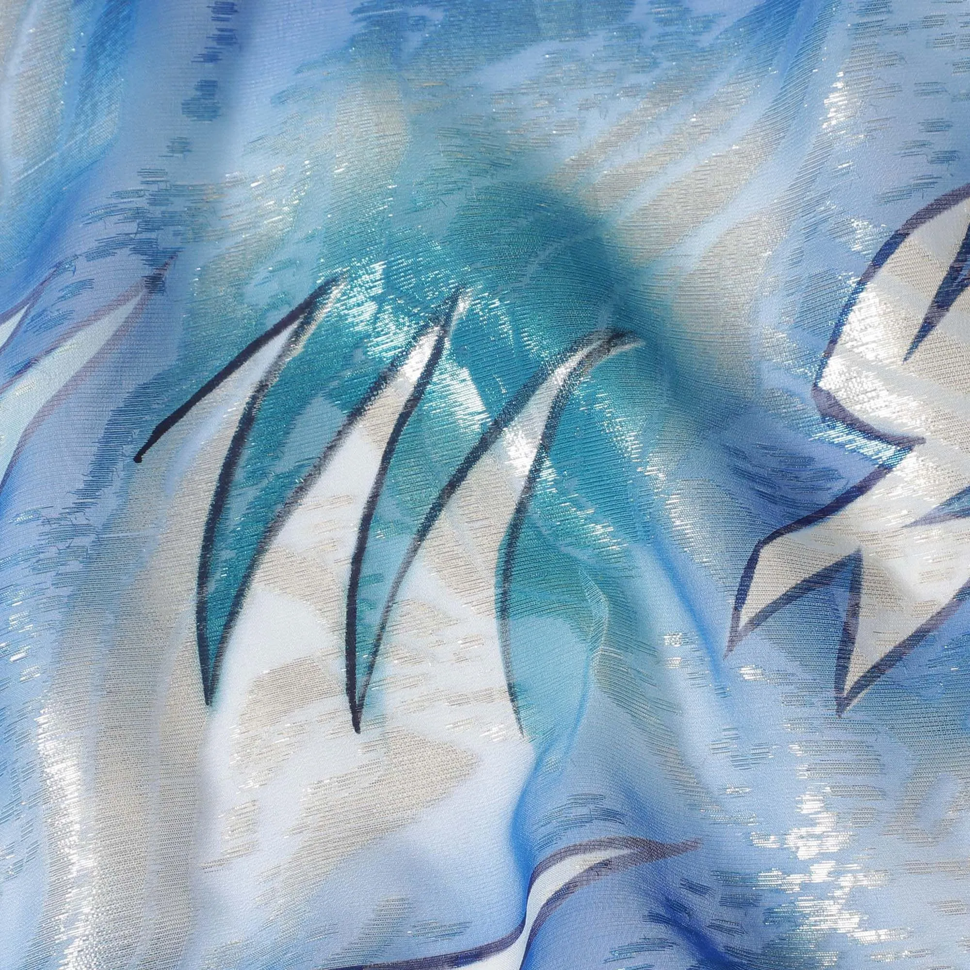Steel blue silk chiffon fabric with blue, off white print having gold and silver metallic lurex in floral design-D7628
