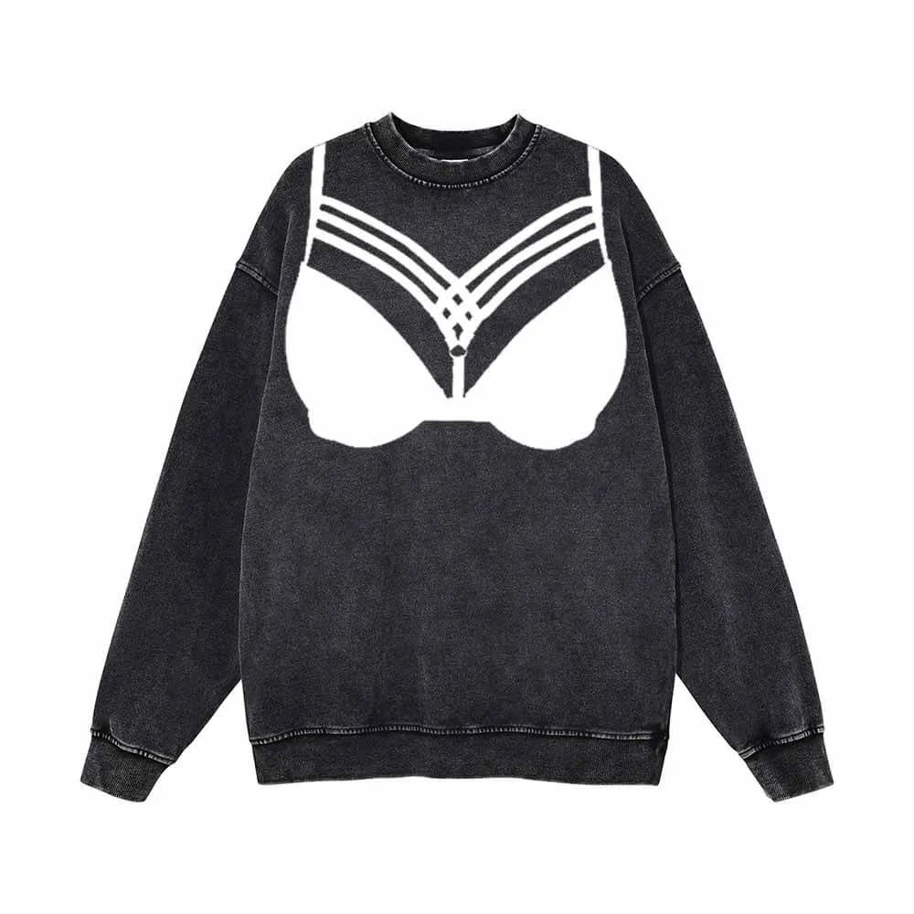Suspender Bikini Bra Print Vintage Washed Sweatshirt