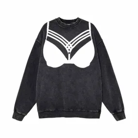 Suspender Bikini Bra Print Vintage Washed Sweatshirt