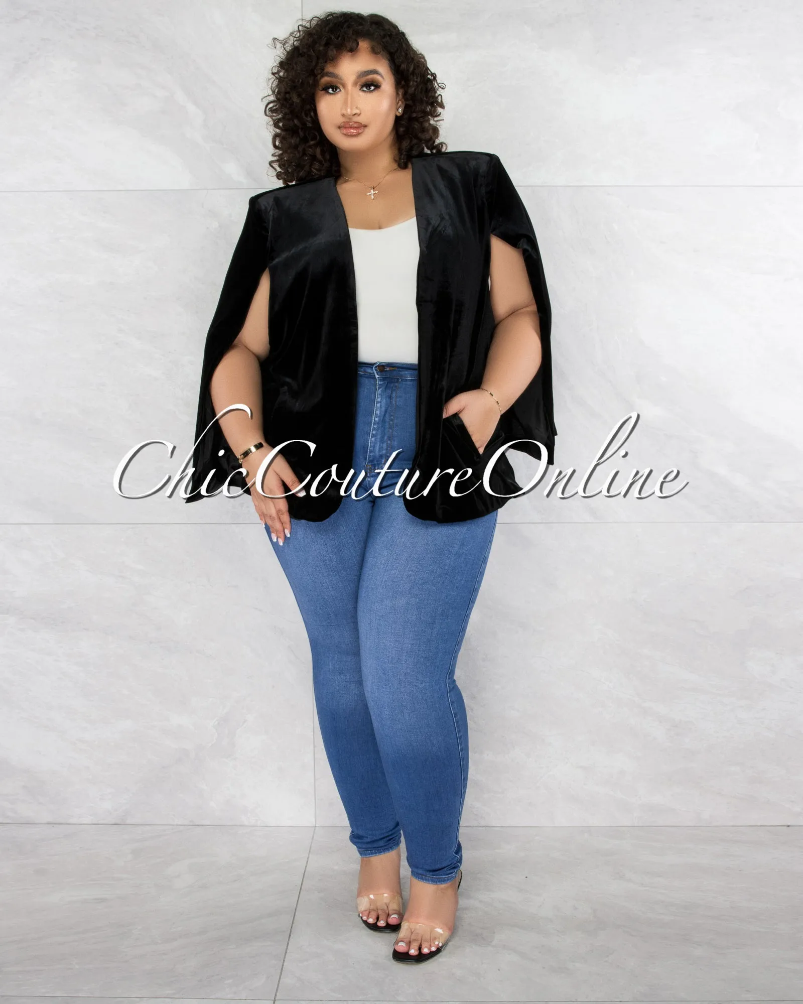 Tensa Black Velvet Luxe Cape CURVY Jacket