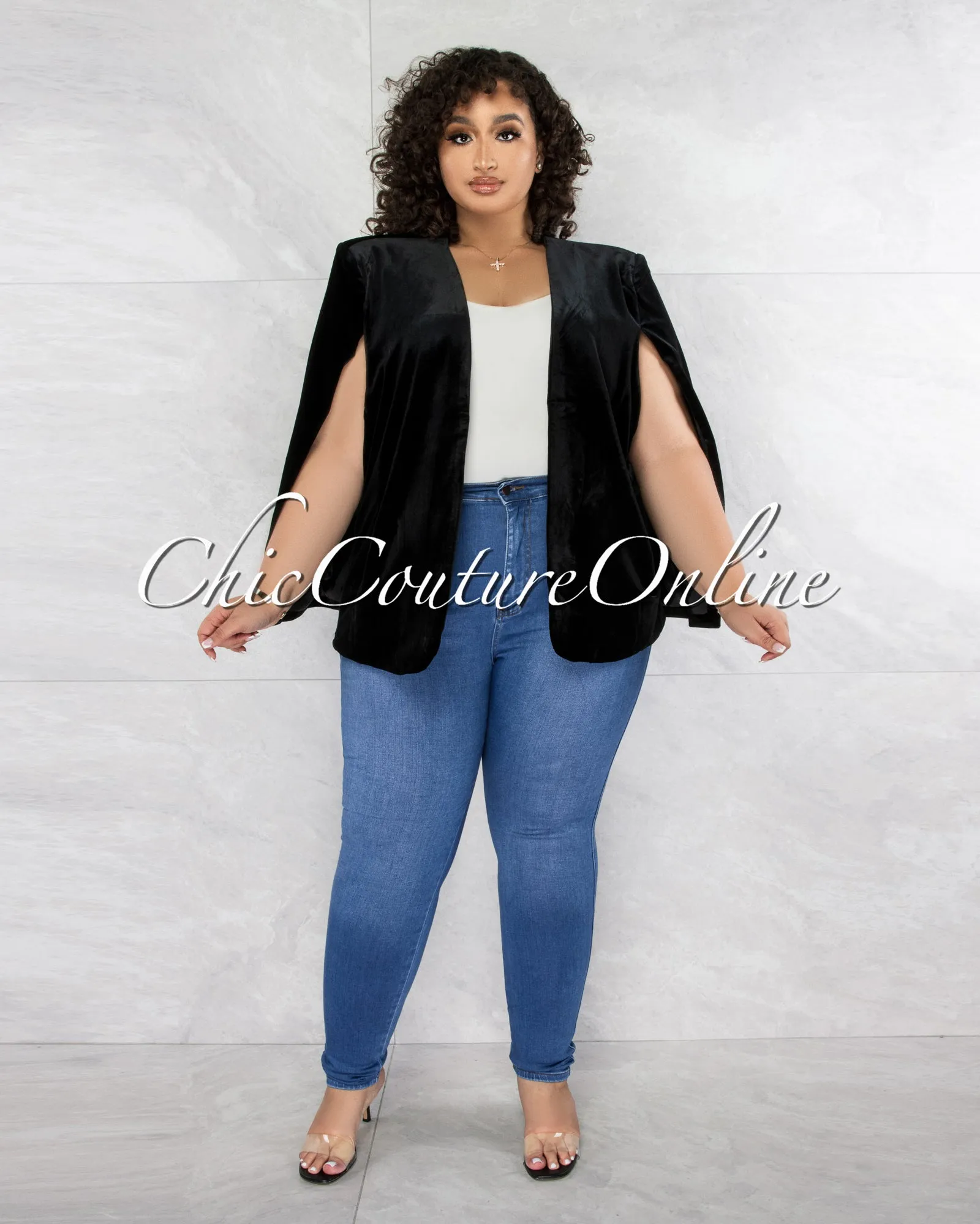 Tensa Black Velvet Luxe Cape CURVY Jacket