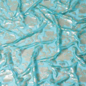 Turquoise Pure Silk Chiffon Fabric with Metallic Lurex Detailing, 110cm Width â€“ Imported from South Korea-D17895