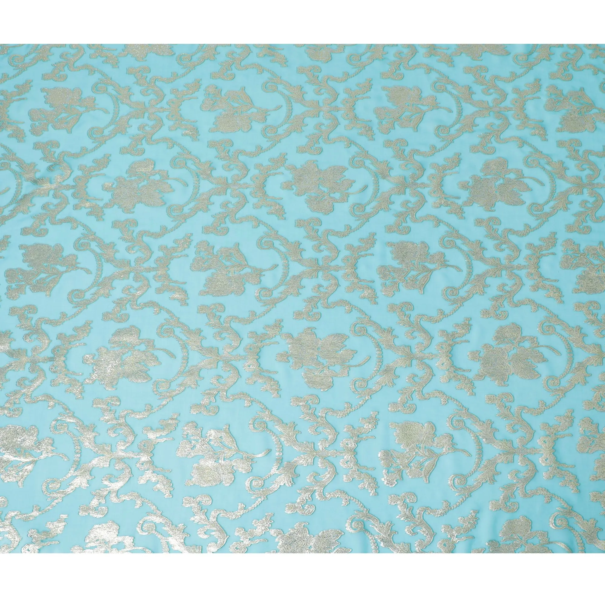 Turquoise Pure Silk Chiffon Fabric with Metallic Lurex Detailing, 110cm Width â€“ Imported from South Korea-D17895