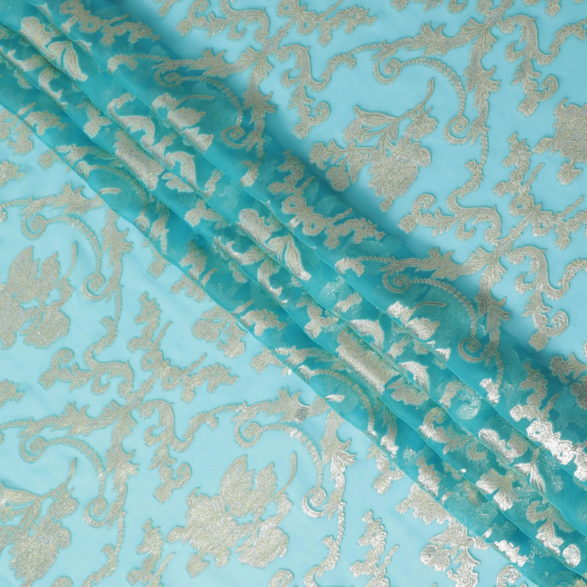 Turquoise Pure Silk Chiffon Fabric with Metallic Lurex Detailing, 110cm Width â€“ Imported from South Korea-D17895