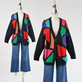 Vintage 80s Black Color Block Cardigan V Neck Button Front Sweater size S M