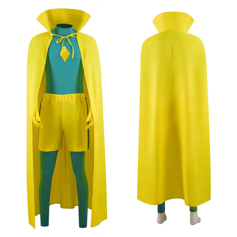 WandaVision Vision Cosplay Costume Men Green Jumpsuit Yellow Cape