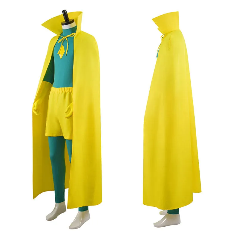 WandaVision Vision Cosplay Costume Men Green Jumpsuit Yellow Cape