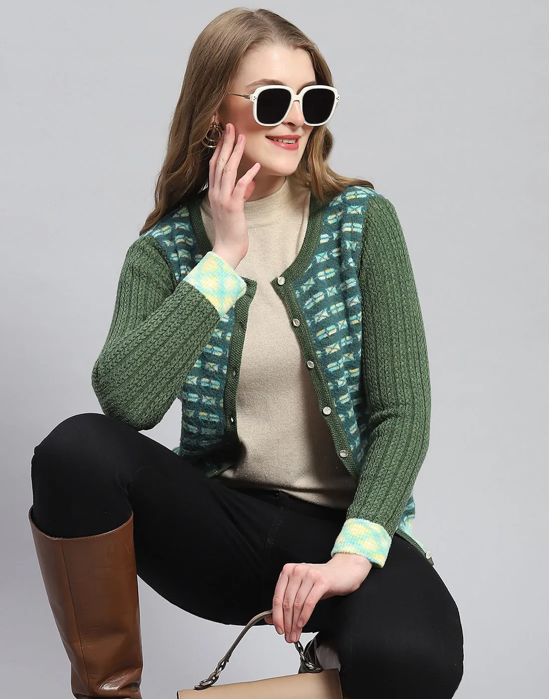 Women Green Self Design Round Neck Full Sleeve Cardigan