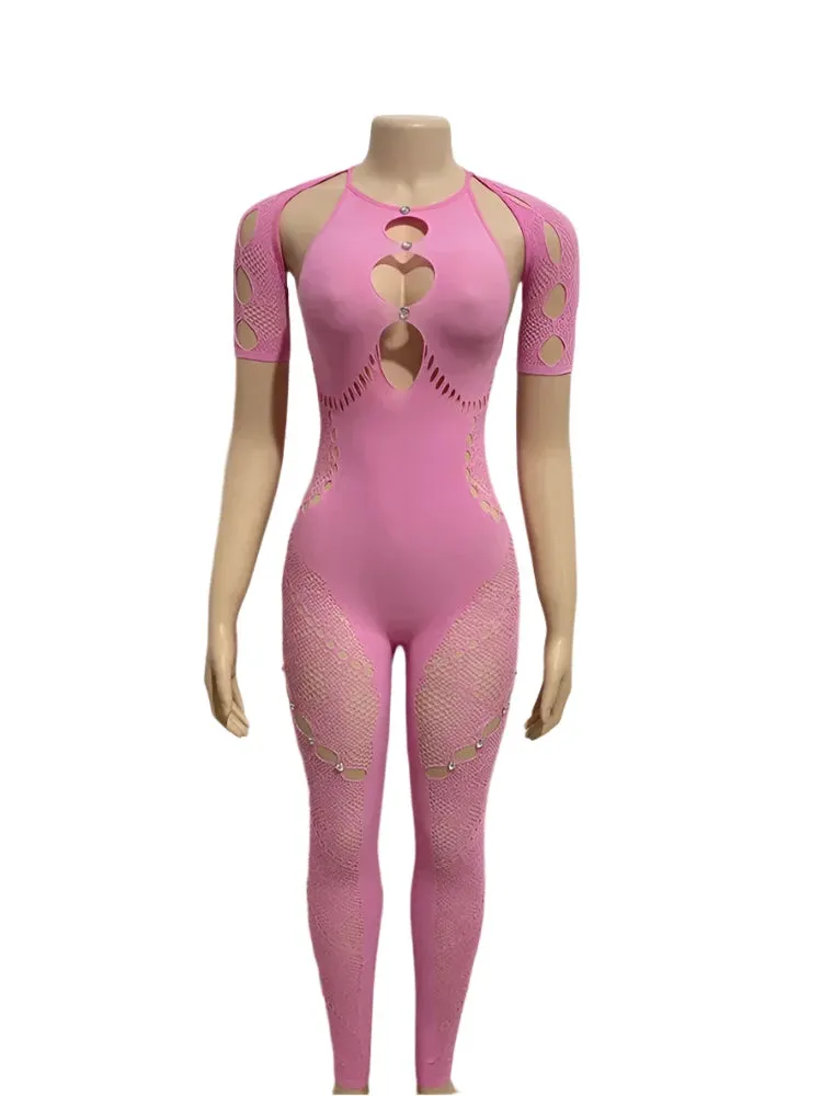 Women's Pink Mesh See-Through Short Sleeve Bodycon Jumpsuit - Summer Streetwear One-Piece Outfit