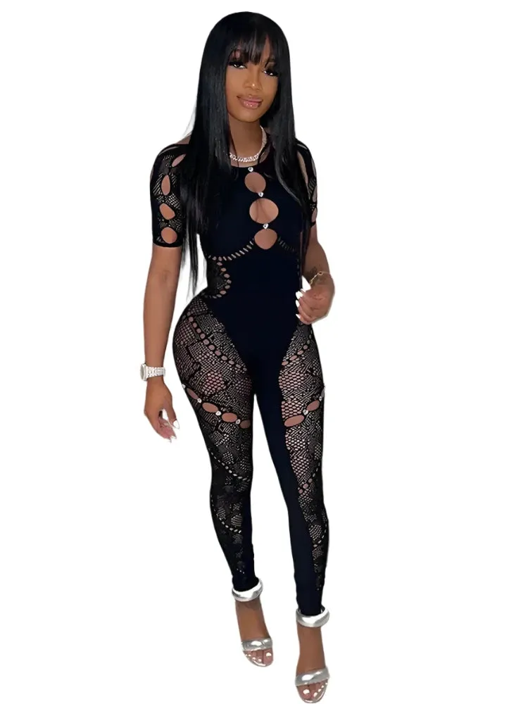 Women's Pink Mesh See-Through Short Sleeve Bodycon Jumpsuit - Summer Streetwear One-Piece Outfit