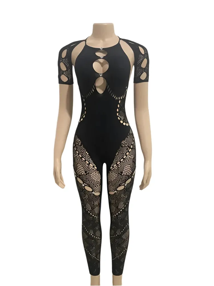 Women's Pink Mesh See-Through Short Sleeve Bodycon Jumpsuit - Summer Streetwear One-Piece Outfit