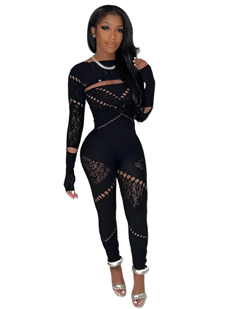 Women's Pink Mesh See-Through Short Sleeve Bodycon Jumpsuit - Summer Streetwear One-Piece Outfit