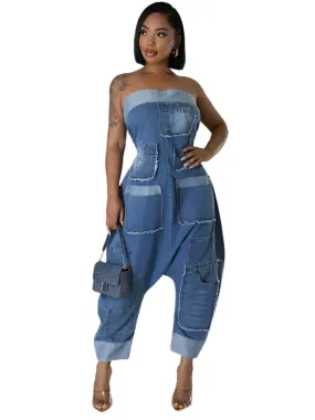 Women's Strapless Off-Shoulder Denim Cargo Jumpsuit with Pockets - High Waist Sleeveless Streetwear Overalls