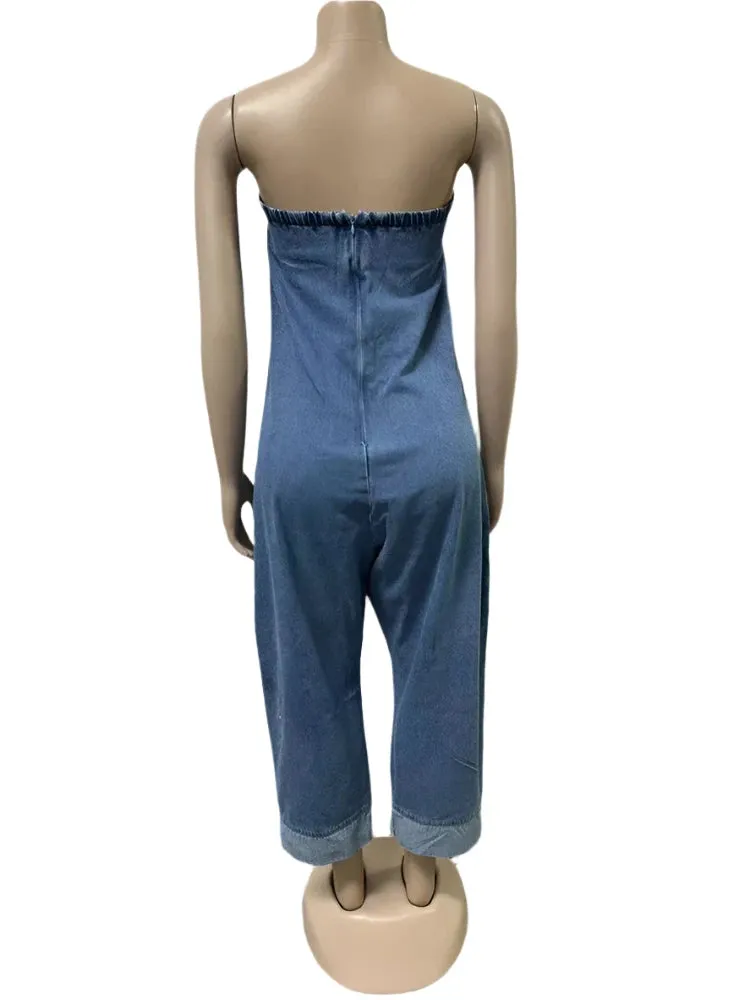 Women's Strapless Off-Shoulder Denim Cargo Jumpsuit with Pockets - High Waist Sleeveless Streetwear Overalls
