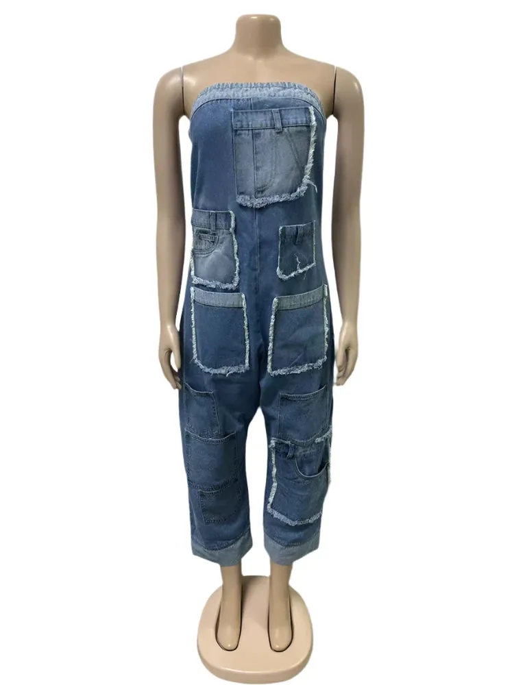 Women's Strapless Off-Shoulder Denim Cargo Jumpsuit with Pockets - High Waist Sleeveless Streetwear Overalls