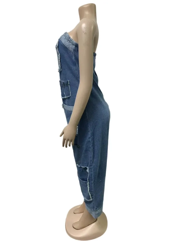 Women's Strapless Off-Shoulder Denim Cargo Jumpsuit with Pockets - High Waist Sleeveless Streetwear Overalls