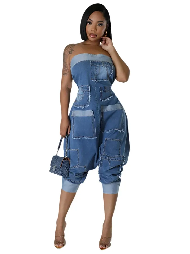 Women's Strapless Off-Shoulder Denim Cargo Jumpsuit with Pockets - High Waist Sleeveless Streetwear Overalls