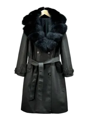 Women's Vintage Loose PU Leather Jacket - Real Fox Fur, Double-Breasted Belt Coat, Autumn/Winter Streetwear Outwear