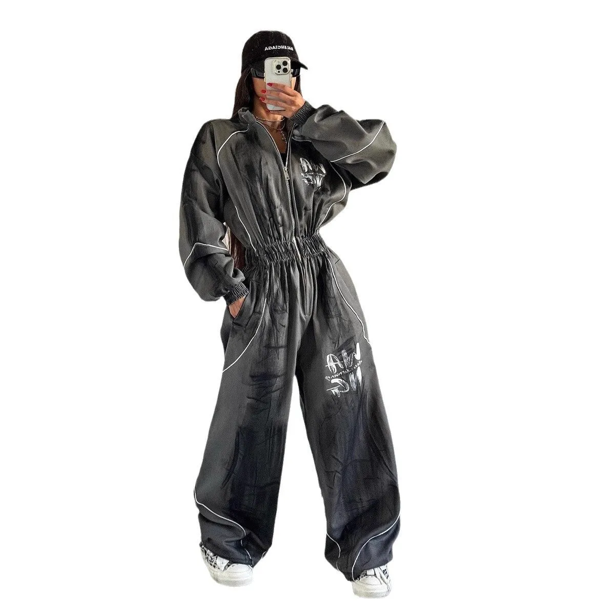 Women's Washed Graffiti Brushed Jumpsuit